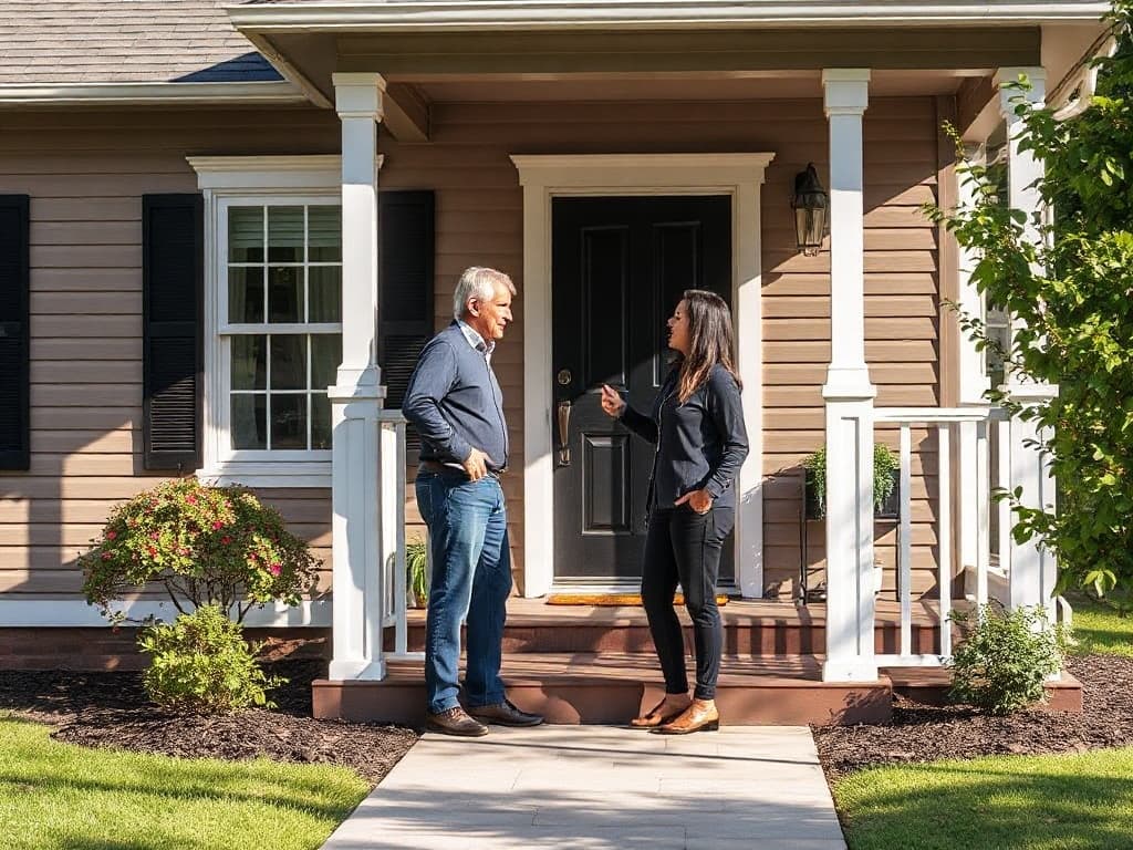Two adults at the front porch of a home, one on the porch and one on the walkway, having a conversation